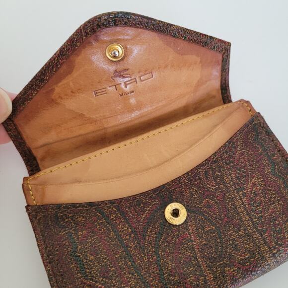 Etro Vintage Brown Paisley Card Small Leather Mini Wallet Compact Logo Italian - Picture 3 of 10